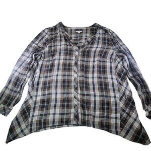 J.Jill Women Black & Beige Plaid Button-Front Long-Sleeve Blouse Size M